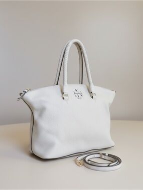 Tory Burch Pebbled Leather Tote Ivory Satchel Crossbody Bag Dust Bag